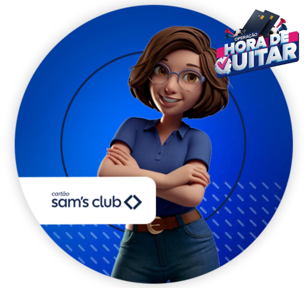 Ilustração de personagem feminina sorrindo, de braços cruzados, ao lado da marca do cartão Sam’s Club em fundo azul.